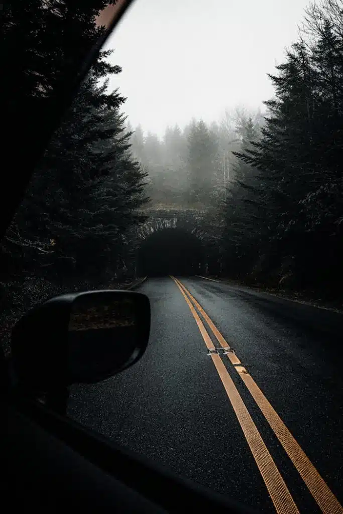 Car Approaching a Dark Tunnel in a Forest